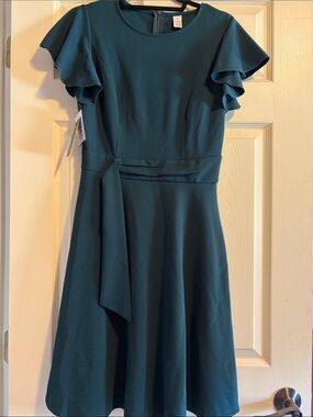 Women’s Teal Flutter-Sleeve Fit & Flare Dress